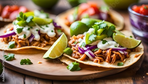 Close up Pulled Chicken Tostadas Tacos, Mexican food 