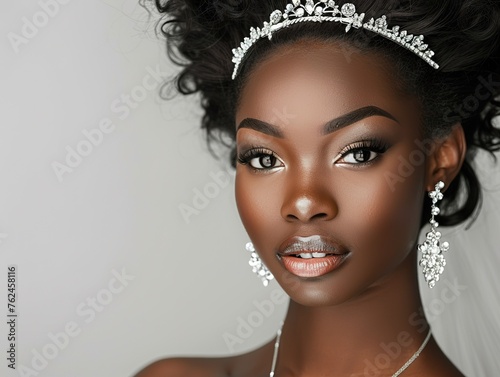 close-up Beautiful black skin bride wearing tiara, earrings, necklace isolated on white background