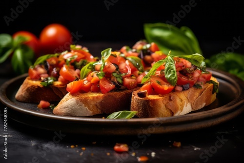 Juicy bruschetta on a rustic plate against a sandstone background