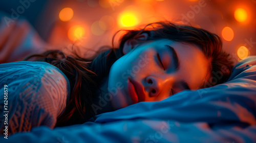 Close up of a woman peacefully sleeps on her bed surrounded dreamlike lights and soft calming colors in the tranquil night with serene atmosphere.