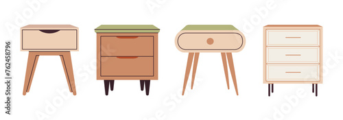 Bedside tables set. Trendy nightstand furniture in scandinavian style for bedroom home interior. Modern chest of drawers for house decor. Flat vector illustration isolated on white background.