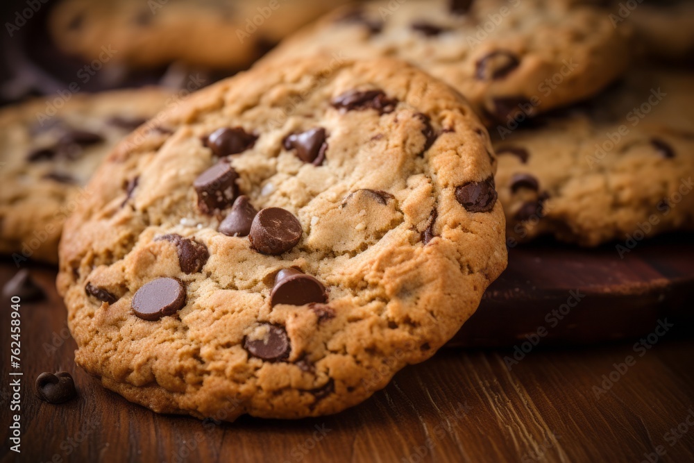 Hearty chocolate chip cookies on a wooden board against a sandstone background Hearty chocolate chip cookies on a wooden board against a sandstone background