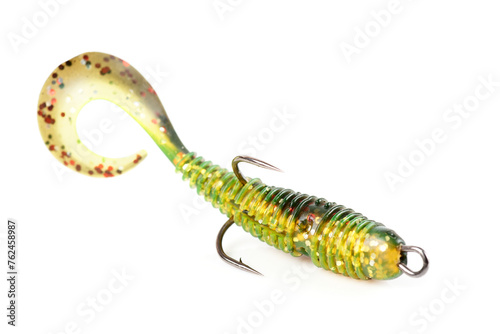 Obraz na plátne Soft fishing bait for predatory fish, moss green plastic grub, with double hook,