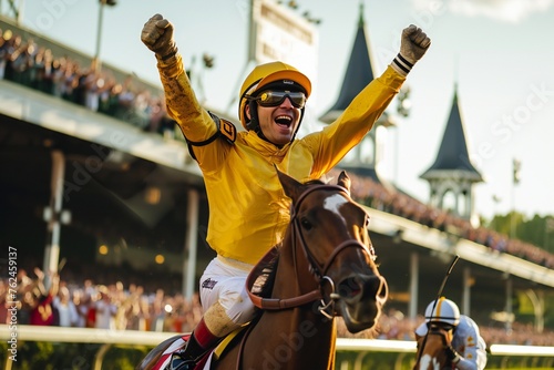 Jockey Celebrating Victory on Racing Horse photo