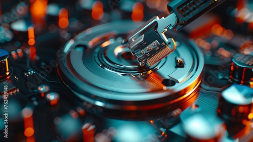 Intricate macro shot of a hard disk's interior highlighting precise craftsmanship