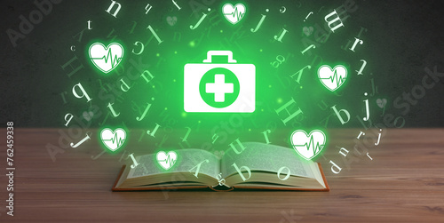 Open medical book with health icons above