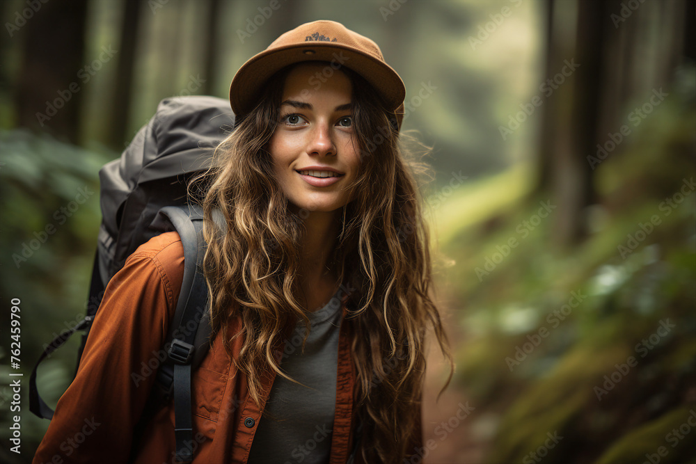 Generative AI photo of wanderlust tourist walking and exploring the local exotic forest Generative AI photo of wanderlust tourist walking and exploring the local exotic forest