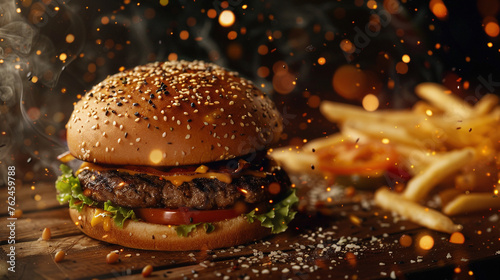tasty burger and fries fast food on a wooden plate cinematic scene, smoke and amber dark background