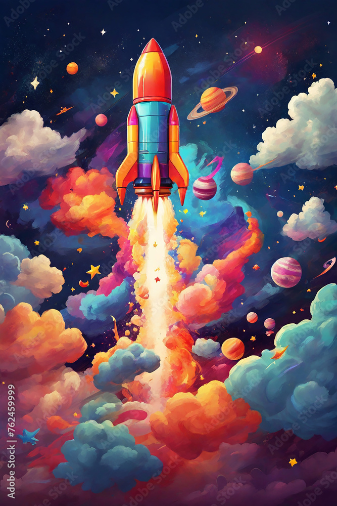 Space rocket flying in the space. Illustration for your design.