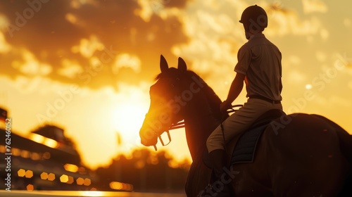 Equestrian Grace: Jockey Riding at Sunset, silhouette of a jockey on horseback against a fiery sunset sky creates a serene yet dynamic equestrian scene, embodying the beauty of horse racing