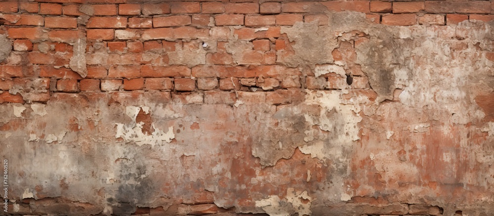 Fototapeta premium A detailed close up of a rectangular brown brick wall with peeling paint, showcasing intricate brickwork and a textured pattern resembling wood grain