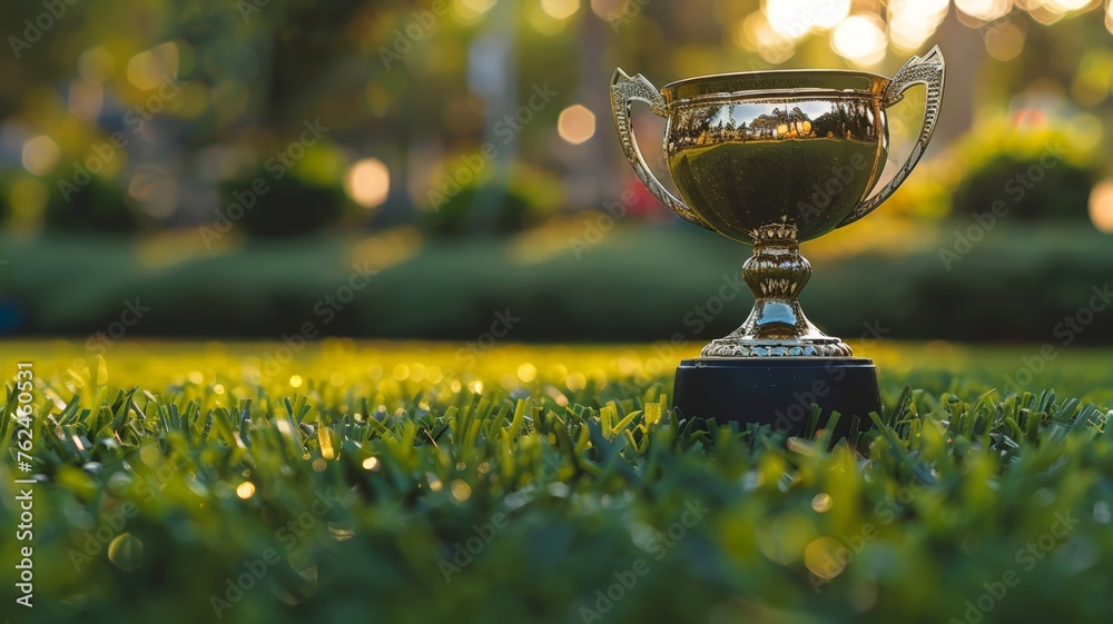 Victory in the open field with a golden trophy resting on green grass - obrazy, fototapety, plakaty 