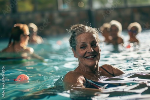 older woman swimming with other women in a large indoor pool © AAA