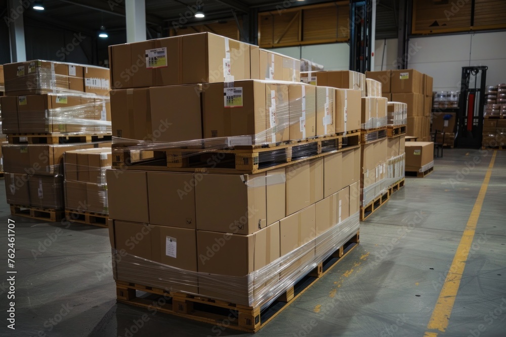 boxes on pallets in a warehouse with big space boxes on pallets in a warehouse with big space