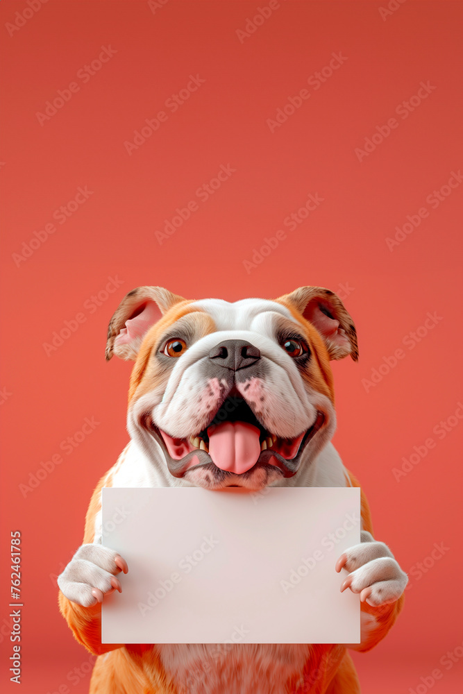 cute english bulldog holding a blanl paper mockup isolated in red background,