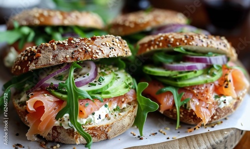 Bagel Sandwich with Smoked Salmon and Fresh Vegetables
