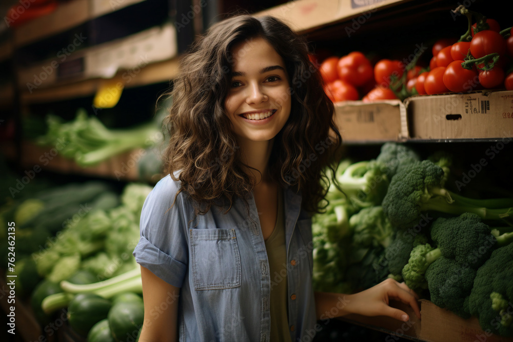 Generated with AI picture of beautiful cheerful young woman chooses products in a grocery store - obrazy, fototapety, plakaty 
