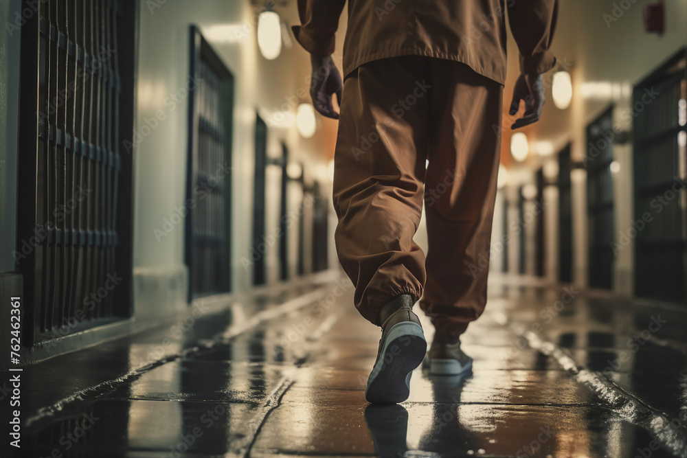 Fototapeta premium Criminals jailed in prison in orange uniform behind metal bars Generative AI realistic 3D picture