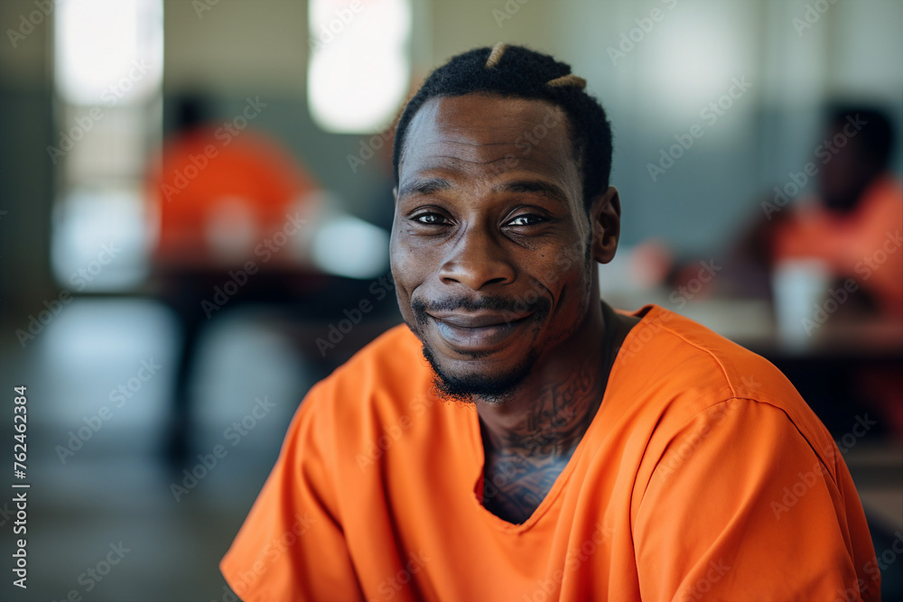 Criminals jailed in prison in orange uniform behind metal bars Generative AI realistic 3D picture Criminals jailed in prison in orange uniform behind metal bars Generative AI realistic 3D picture