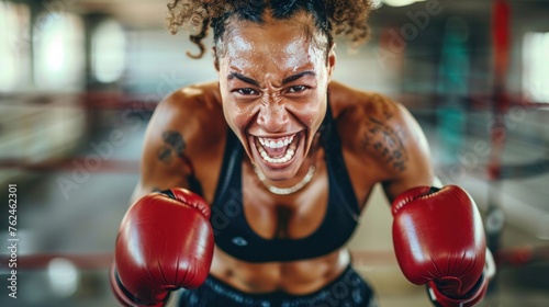 Happy woman boxer after an intensive training © Emil