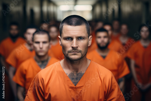 Criminals jailed in prison in orange uniform behind metal bars Generative AI realistic 3D picture