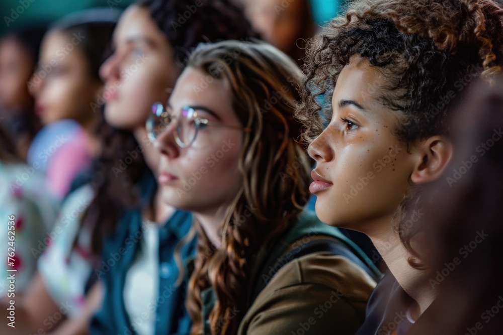 group of young women watching a lecture in class group of young women watching a lecture in class