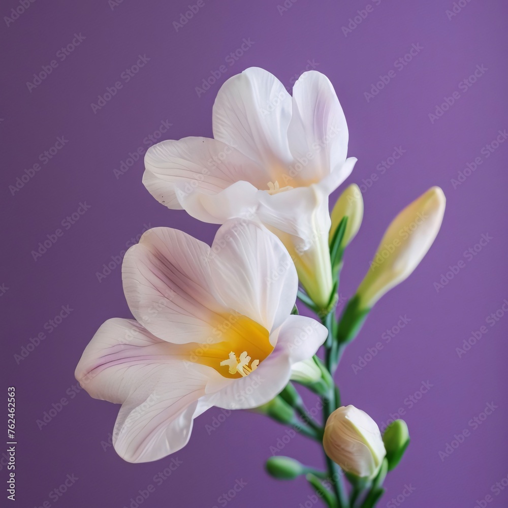 White orchid flower on purple background. Flowering flowers, a symbol of spring, new life.