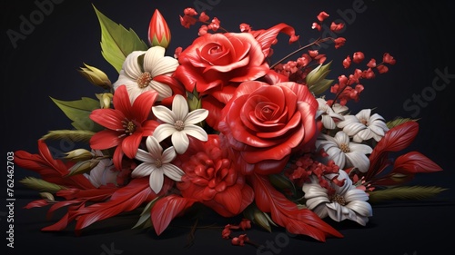A bouquet of red and white flower roses lying on a black background. Flowering flowers, a symbol of spring, new life. © Hawk