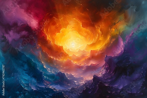 Vivid Pyrotechnic Visions of an Ethereal Cosmic Dreamscape Materializing in Artful Oil Painting photo