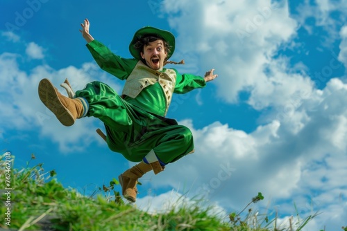 leprechaun in a green shirt jumping in the air