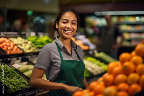 A smiling employee standing by fresh produce in a grocery store, creating a welcoming atmosphere.