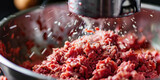 Dynamic Minced Meat Grinder at Work. High-speed capture of ground meat being processed from a grinder, vibrant splatter in action.