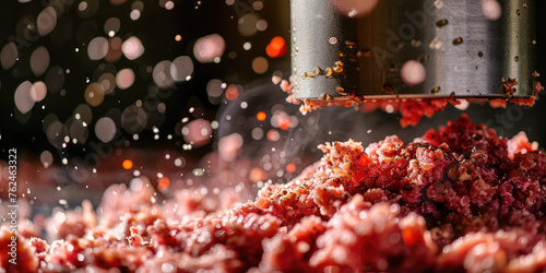Dynamic Minced Meat Grinder at Work. High-speed capture of ground meat being processed from a grinder, vibrant splatter in action, copy space.