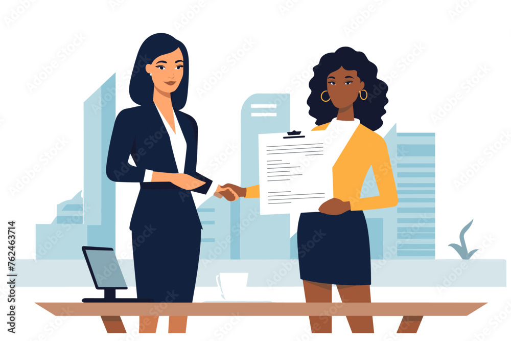 Meeting of businessmen and women. Vector cartoon illustration in a modern flat style of two business men, women in suits shaking hands in front of a contract Meeting of businessmen and women. Vector cartoon illustration in a modern flat style of two business men, women in suits shaking hands in front of a contract