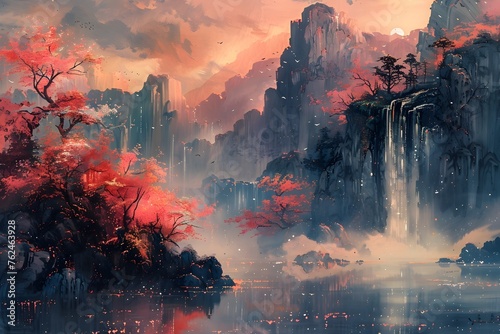 Enchanting Mystical Borderland of Vibrant Hues and Exquisite Details in Evocative Landscape Painting photo