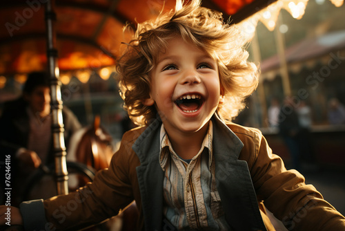 Funny and cute child swinging on carousel weekend family fair Generative AI picture photo