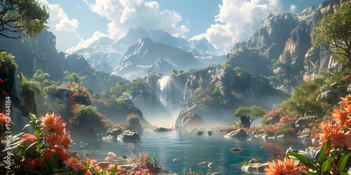 Fantastical Landscape of Dreamlike Waterfalls and Majestic Mountains in a Serene Wilderness Setting