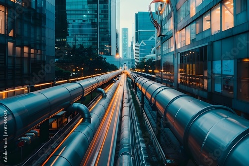 Intricate Industrial Pipelines Interwoven Through the City's Futuristic Urban Landscape