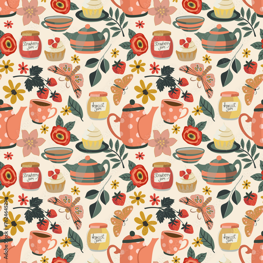 Seamless tea pot and jam pattern. Summer garden party print, Cosy trendy style tea party background. Tea pots, cups, flowers, butterflies, strawberry, jam jars, cup cakes. Seamless tea pot and jam pattern. Summer garden party print, Cosy trendy style tea party background. Tea pots, cups, flowers, butterflies, strawberry, jam jars, cup cakes.