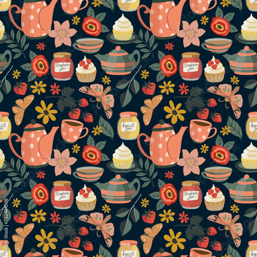 Seamless tea pot and jam pattern. Summer garden party print, Cosy trendy style tea party background. Tea pots, cups, flowers, butterflies, strawberry, jam jars, cup cakes. 