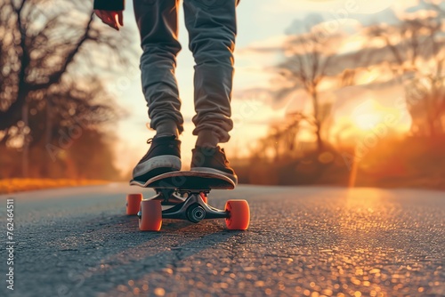 Person skateboarding at sunset, warm light casting long shadows.