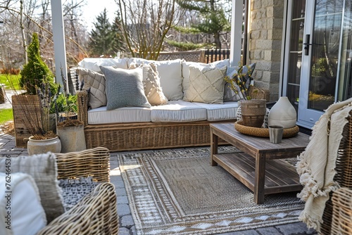 Cozy outdoor patio setup with wicker sofa, cushions, and a wooden coffee table.