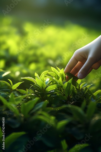 harvesting green tea in the field, hands close-up Generative AI