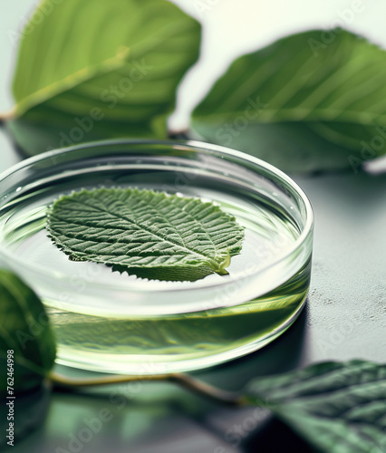Close-up of facial serum and plant in Petri dish. Scientific research concept.