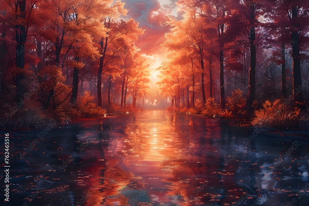 Vibrant Autumnal Wonderland Reflected in Shimmering Waterways of an Enchanting Fantasy Landscape