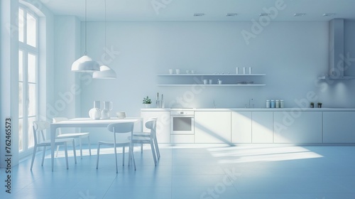 A Modern White Kitchen With White Cabinets And Countertops. © PhornpimonNutiprapun
