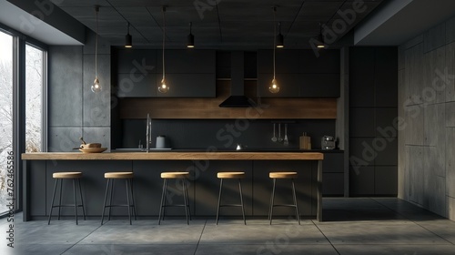 lack Kitchen With Wooden Stools Background