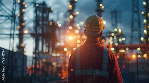 An Electrical Engineer Standing And Watching At A Power Plant. photo