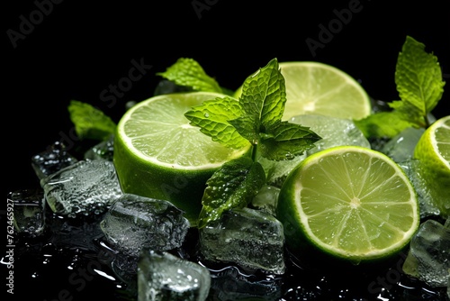 limes and mint leaves on ice