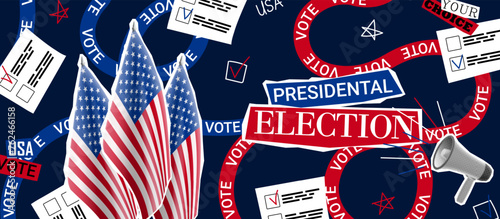Promo collage for 2024 US presidential election. Vector banner with halftone loudspeaker, USA flags and collage items. Collage for US Election 2024 campaign. Vote day, November 5.